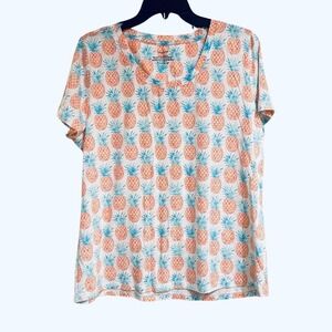 Sleep Sense Women's L Large Sleep PJ Top Short Sleeve Scoop Neck Pineapples Teal